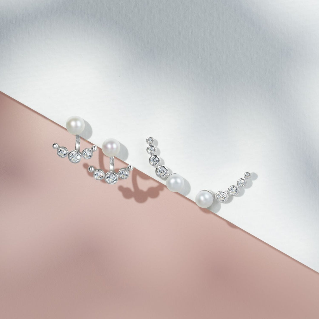 Classic Pearl: Silver Rhodium Graduated CZ & Freshwater Pearl Crawler Earrings