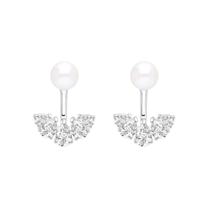 Classic Pearl: Silver Rhodium Pear cut CZ Fan & Freshwater Pearl Ear Jacket Earrings
