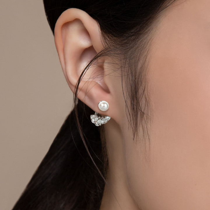 Classic Pearl: Silver Rhodium Pear cut CZ Fan & Freshwater Pearl Ear Jacket Earrings