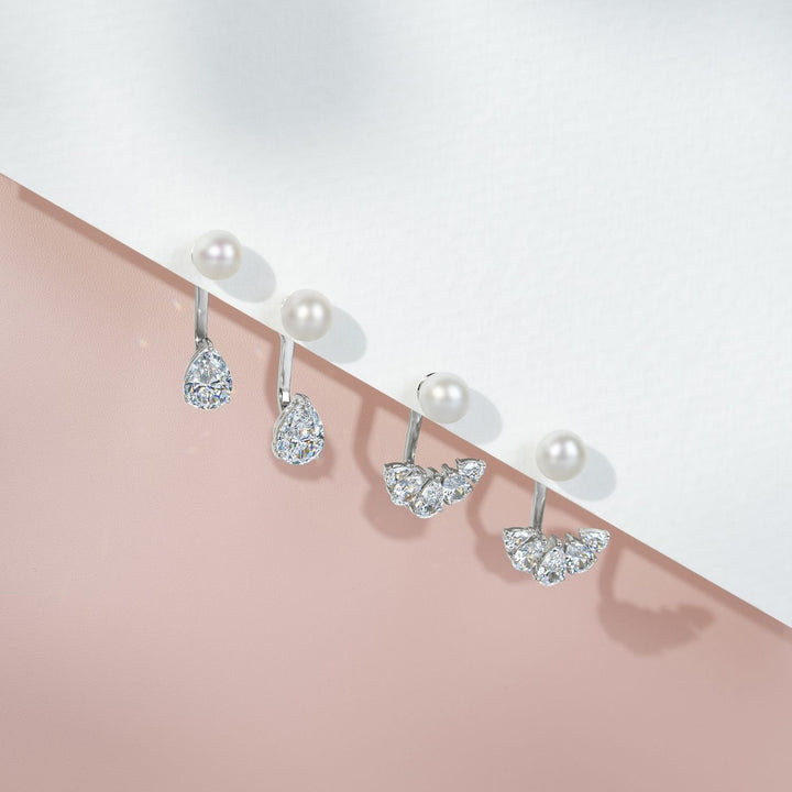 Classic Pearl: Silver Rhodium Pear cut CZ Fan & Freshwater Pearl Ear Jacket Earrings