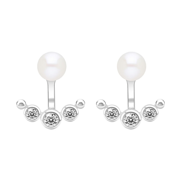 Classic Pearl: Silver Rhodium Round cut CZ Arc & Freshwater Pearl Ear Jacket Earrings