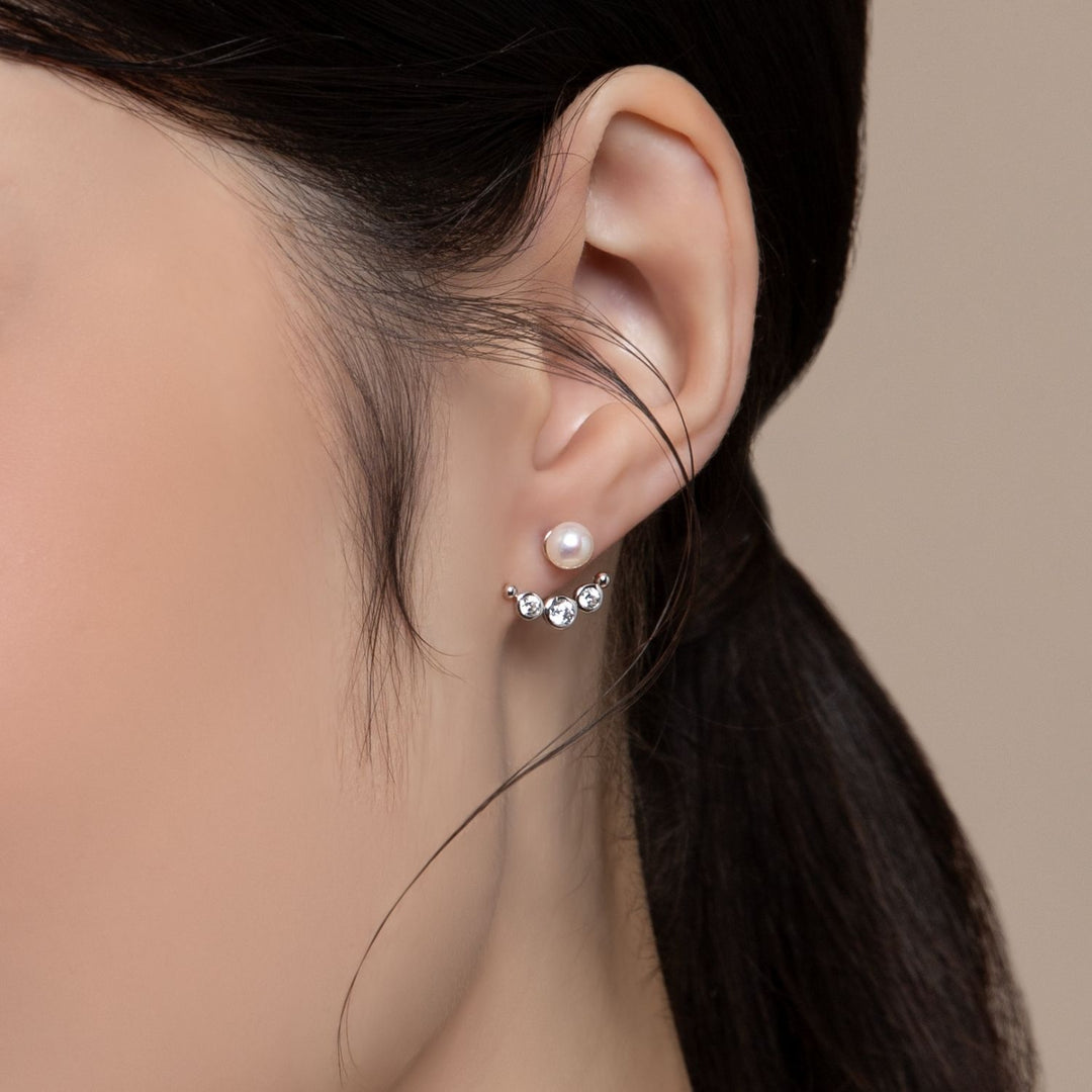 Classic Pearl: Silver Rhodium Round cut CZ Arc & Freshwater Pearl Ear Jacket Earrings