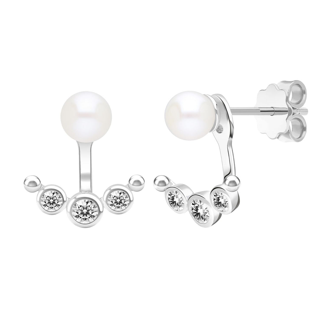 Classic Pearl: Silver Rhodium Round cut CZ Arc & Freshwater Pearl Ear Jacket Earrings
