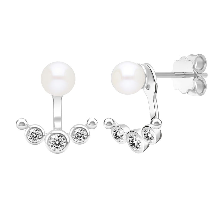 Classic Pearl: Silver Rhodium Round cut CZ Arc & Freshwater Pearl Ear Jacket Earrings