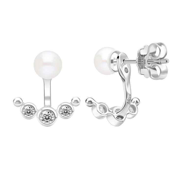 Classic Pearl: Silver Rhodium Round cut CZ Arc & Freshwater Pearl Ear Jacket Earrings