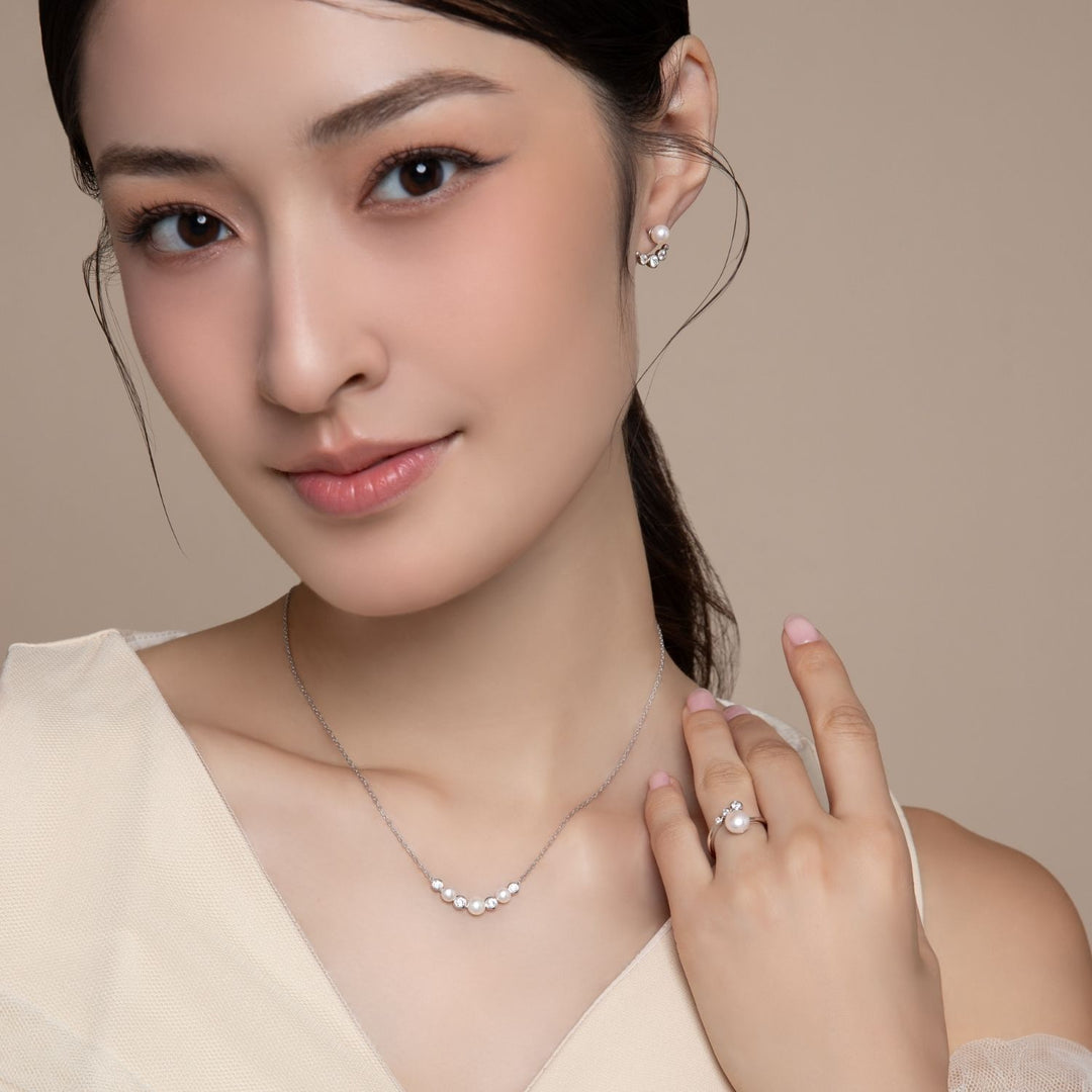 Classic Pearl: Silver Rhodium Round cut CZ Arc & Freshwater Pearl Ear Jacket Earrings