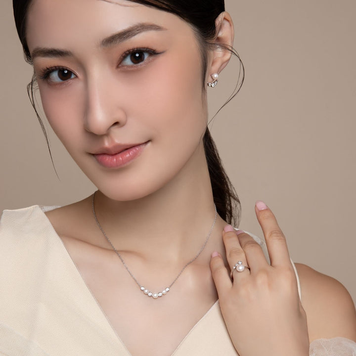 Classic Pearl: Silver Rhodium Round cut CZ Arc & Freshwater Pearl Ear Jacket Earrings