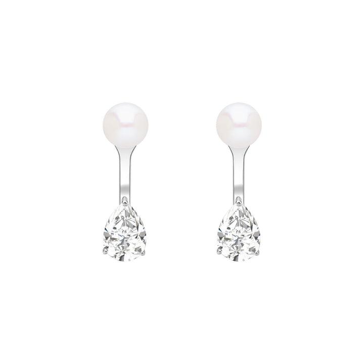 Classic Pearl: Silver Rhodium Pear CZ Drop & Freshwater Pearl Ear Jacket Earrings