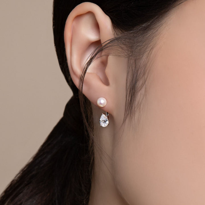 Classic Pearl: Silver Rhodium Pear CZ Drop & Freshwater Pearl Ear Jacket Earrings