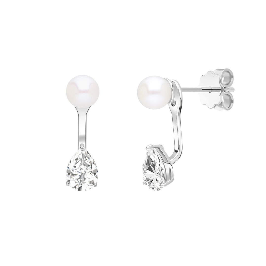 Classic Pearl: Silver Rhodium Pear CZ Drop & Freshwater Pearl Ear Jacket Earrings