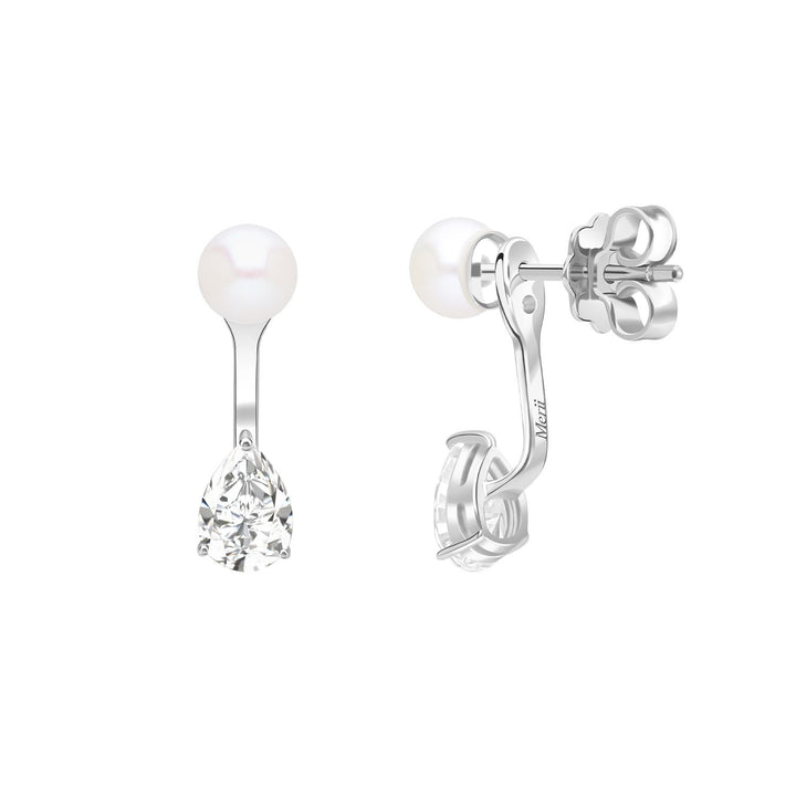 Classic Pearl: Silver Rhodium Pear CZ Drop & Freshwater Pearl Ear Jacket Earrings