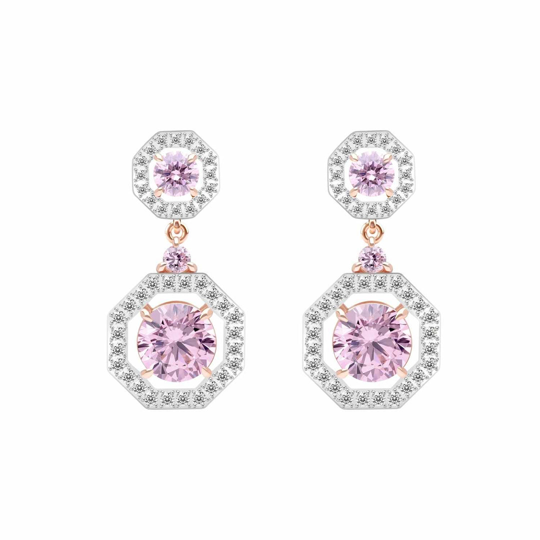 Decorum: Sterling Silver Rose Gold Plated Pink CZ Halo Dangle Earrings