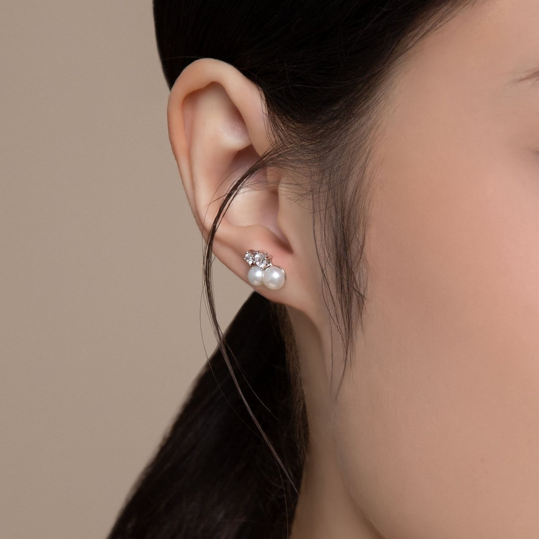 Classic Pearl: Silver Rhodium Double Pearl & CZ Cluster Stud Earrings