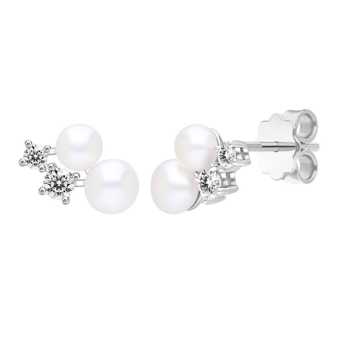 Classic Pearl: Silver Rhodium Double Pearl & CZ Cluster Stud Earrings