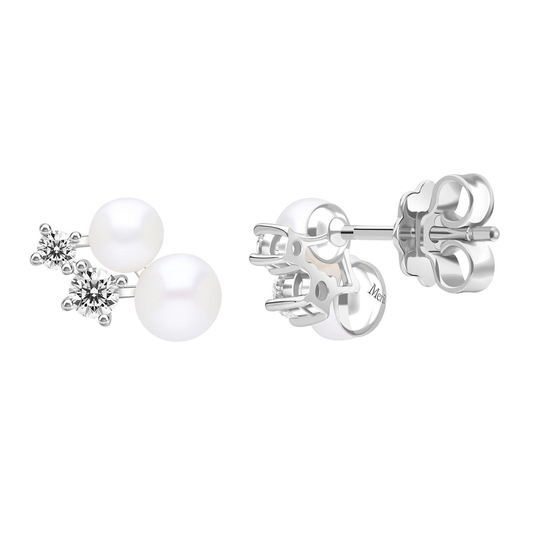 Classic Pearl: Silver Rhodium Double Pearl & CZ Cluster Stud Earrings