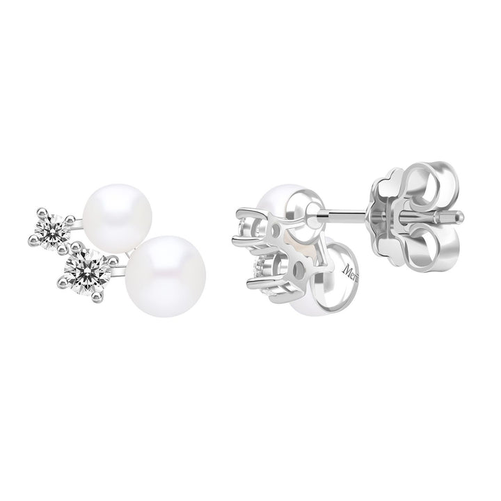 Classic Pearl: Silver Rhodium Double Pearl & CZ Cluster Stud Earrings