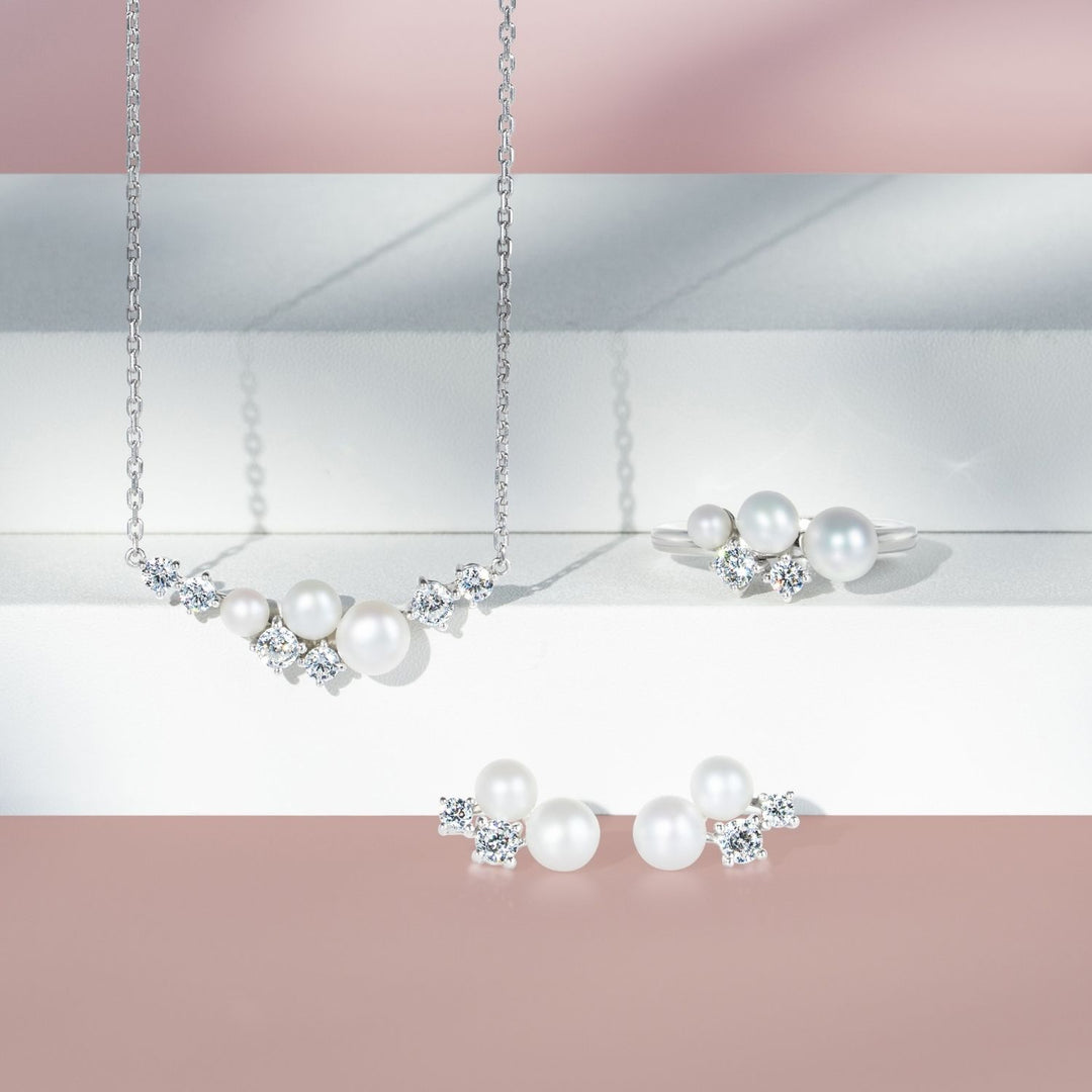 Classic Pearl: Silver Rhodium Double Pearl & CZ Cluster Stud Earrings