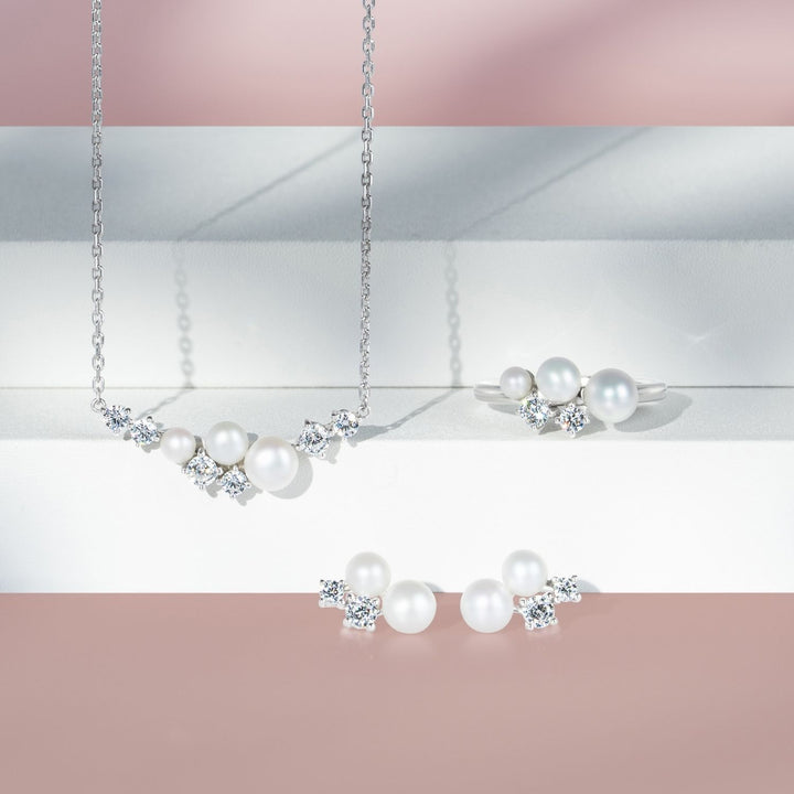 Classic Pearl: Silver Rhodium Double Pearl & CZ Cluster Stud Earrings