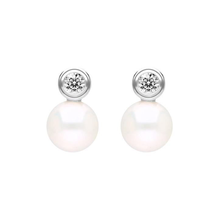 Classic Pearl: Silver Rhodium Plated CZ Topped Freshwater Pearl Stud Earrings