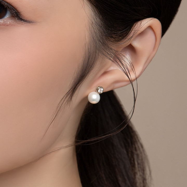 Classic Pearl: Silver Rhodium Plated CZ Topped Freshwater Pearl Stud Earrings