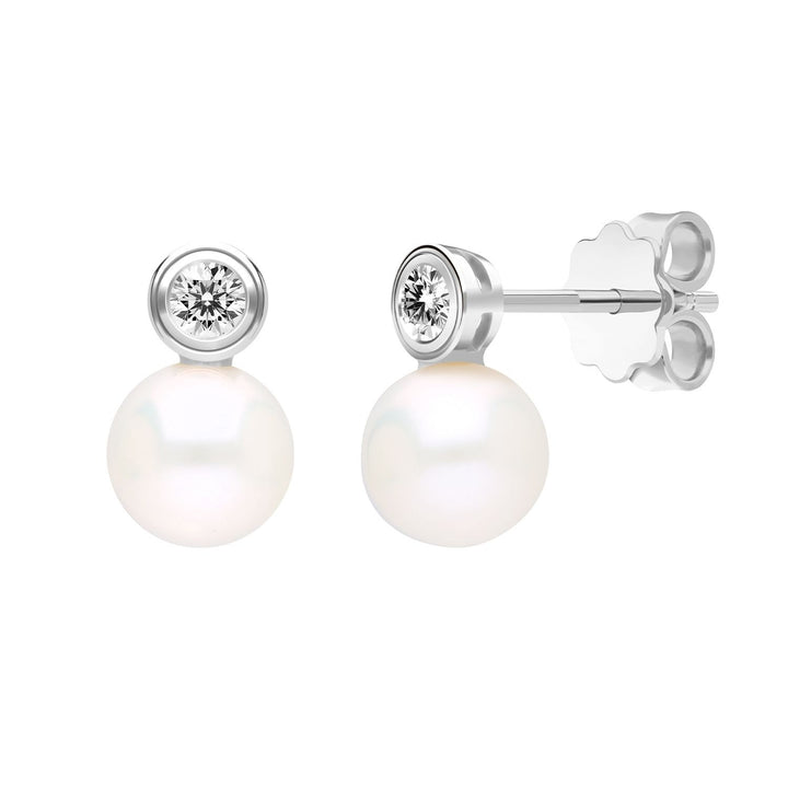 Classic Pearl: Silver Rhodium Plated CZ Topped Freshwater Pearl Stud Earrings