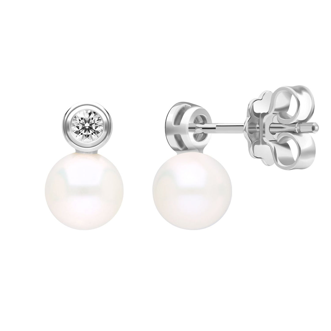 Classic Pearl: Silver Rhodium Plated CZ Topped Freshwater Pearl Stud Earrings
