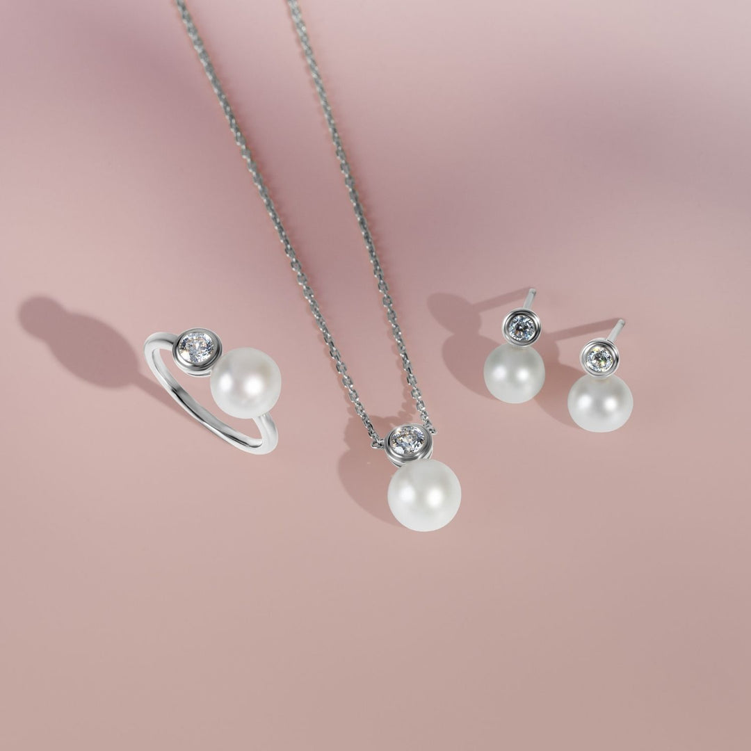 Classic Pearl: Silver Rhodium Plated CZ Topped Freshwater Pearl Stud Earrings