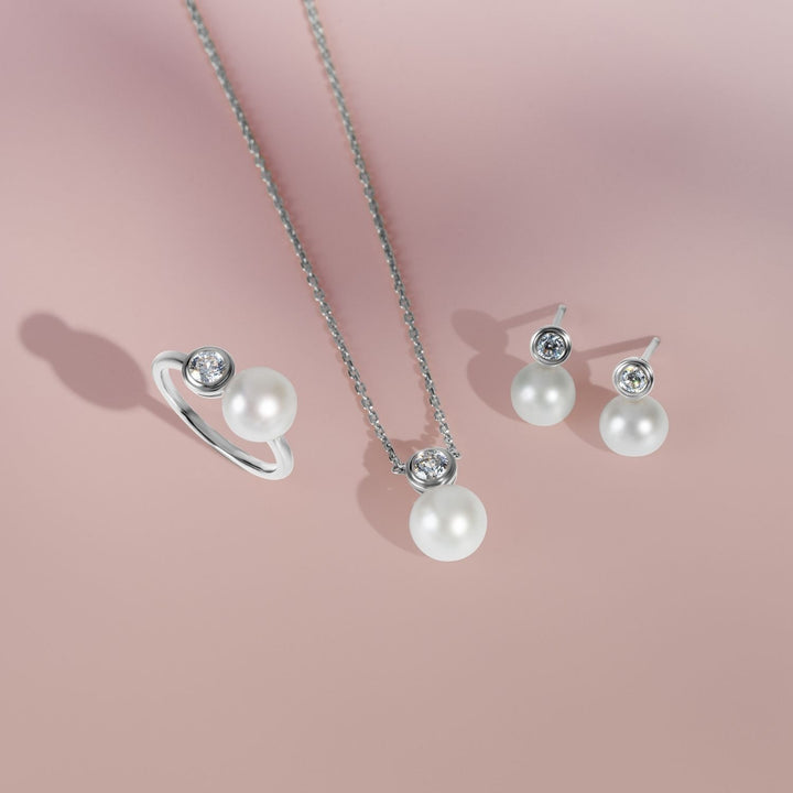 Classic Pearl: Silver Rhodium Plated CZ Topped Freshwater Pearl Stud Earrings