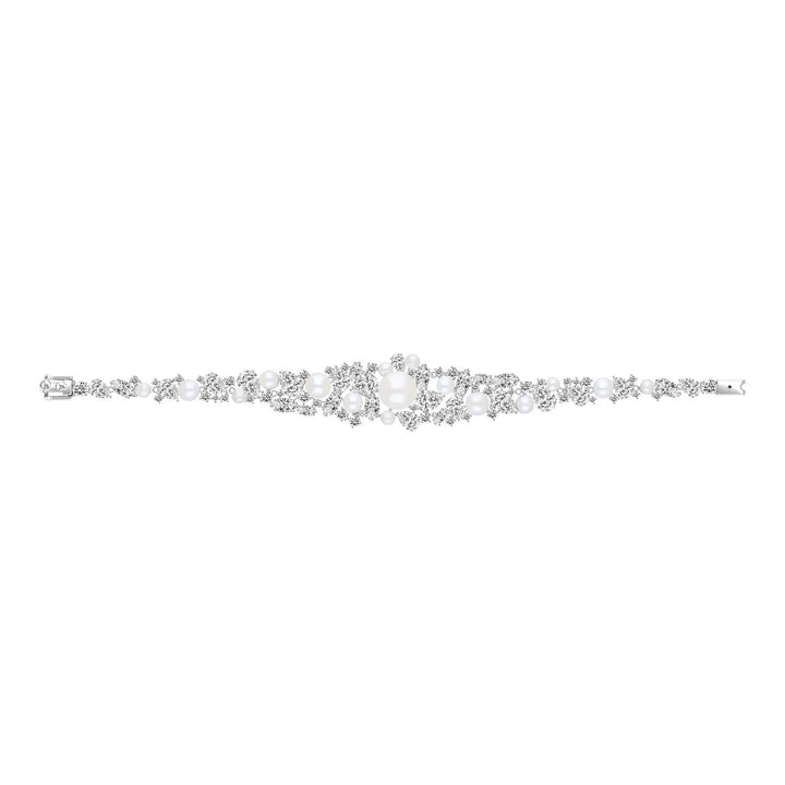 Classic Pearl: Sterling Silver Rhodium Plated Bracelet with Princessl and Cluster CZ