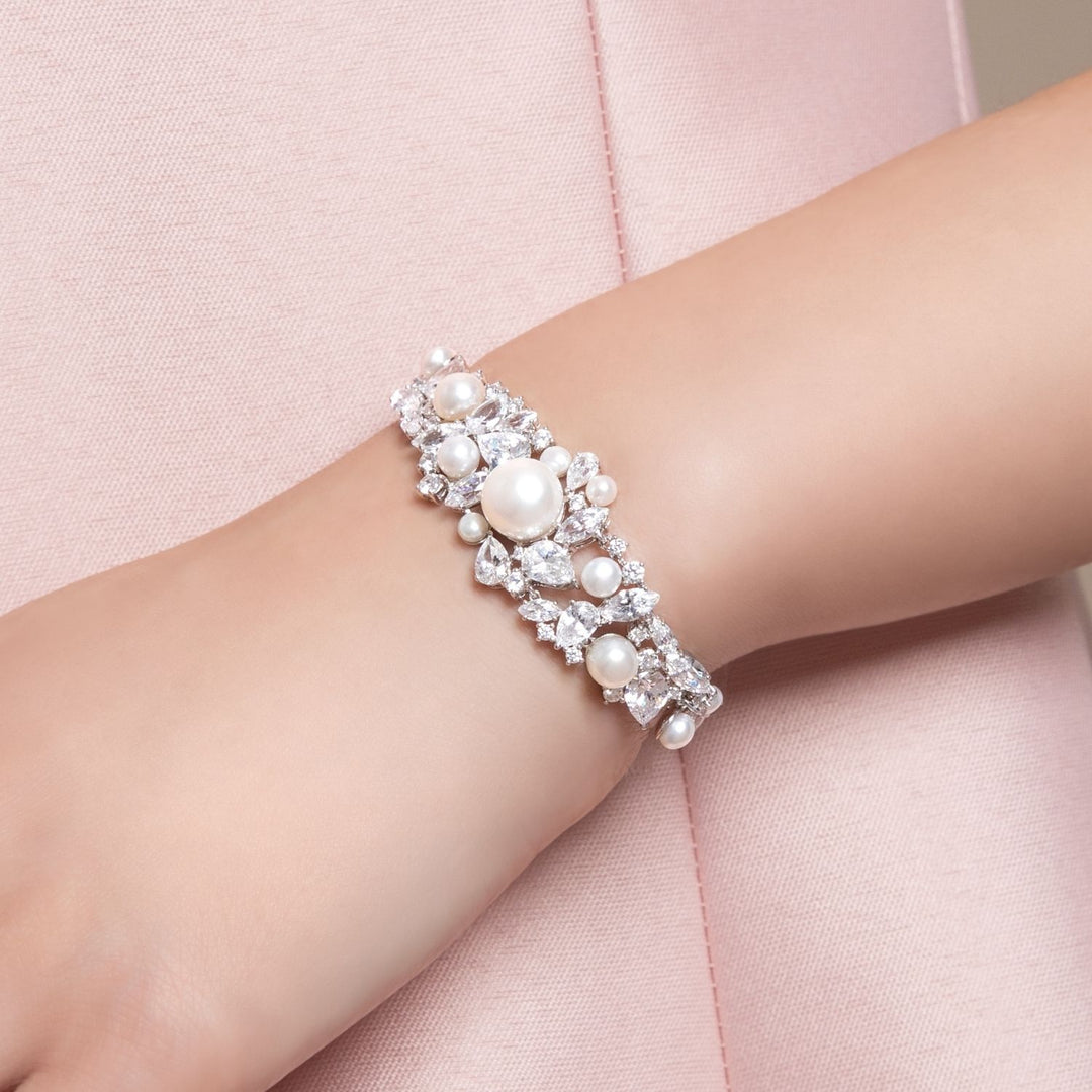 Classic Pearl: Sterling Silver Rhodium Plated Bracelet with Princessl and Cluster CZ
