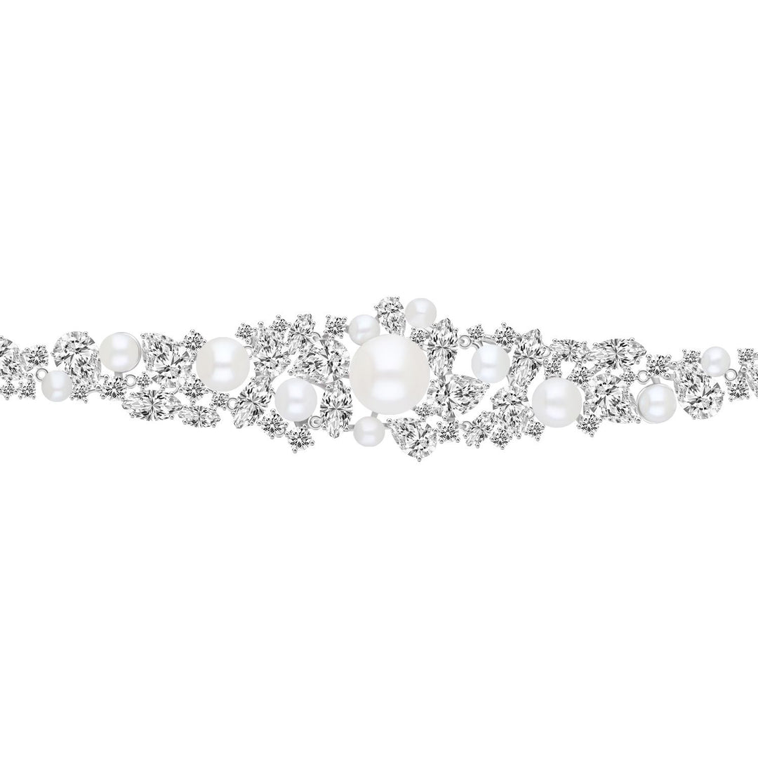 Classic Pearl: Sterling Silver Rhodium Plated Bracelet with Princessl and Cluster CZ
