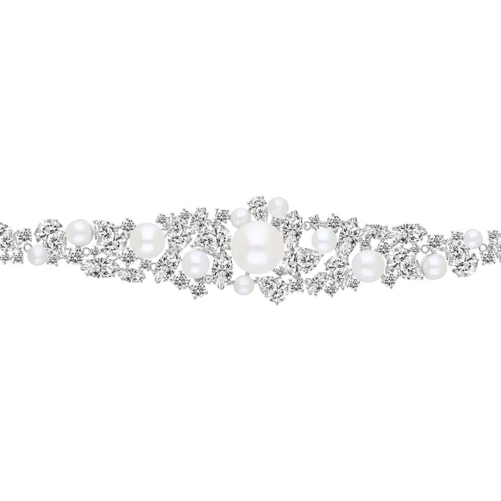 Classic Pearl: Sterling Silver Rhodium Plated Bracelet with Princessl and Cluster CZ
