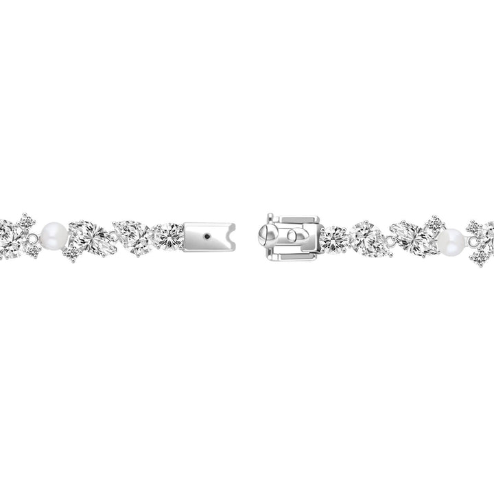 Classic Pearl: Sterling Silver Rhodium Plated Bracelet with Princessl and Cluster CZ