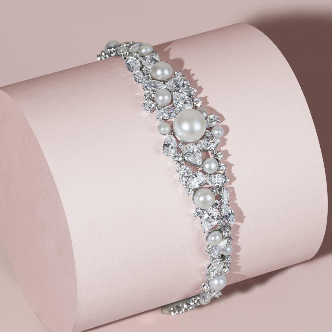 Classic Pearl: Sterling Silver Rhodium Plated Bracelet with Princessl and Cluster CZ