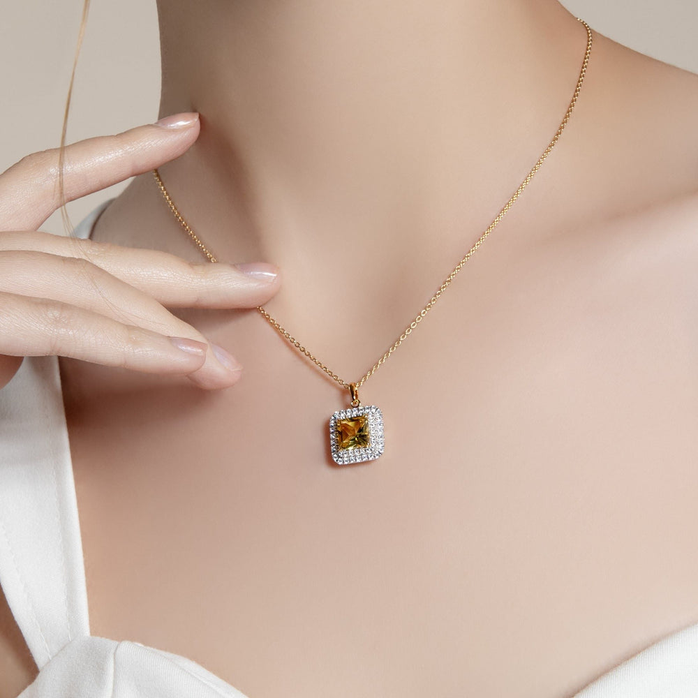 225N0184-01-Decorum-Silver 23K-Gold-Plated-Citrine-Nanocrystal-Radiant-Cut-8x8-mm-Halo-Pendant-Necklace