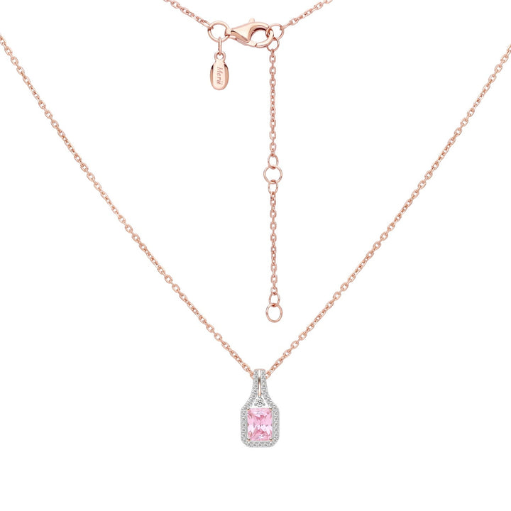 225N0186-01-Decorum-Rose-Gold-Plated-Silver-Radiant-Cut-Pink-Cubic-Zirconia-CZ-Halo-Pendant-Necklace