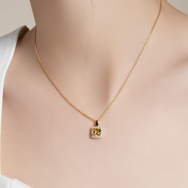 225N0189-01-Decorum-Silver 23K-Gold-Plated-Citrine-Nanocrystal-Radiant-Cut-Halo-Pendant-Necklace