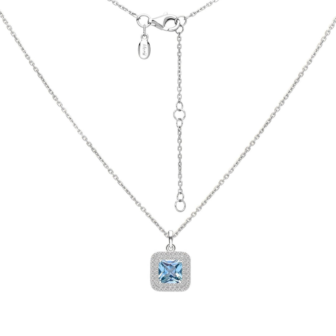 Decorum: Sterling Silver Rhodium Plated Synthetic Aquamarine Spinel Square Cut Double Halo Pendant Necklace