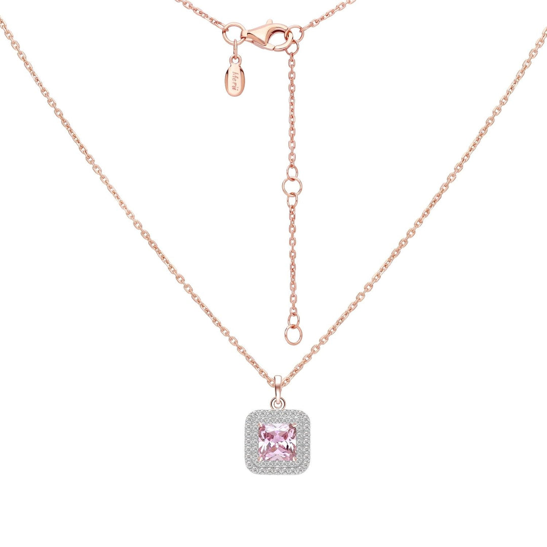 Decorum: Sterling Silver Rose Gold Plated Pink CZ Square Cut Double Halo Pendant Necklace