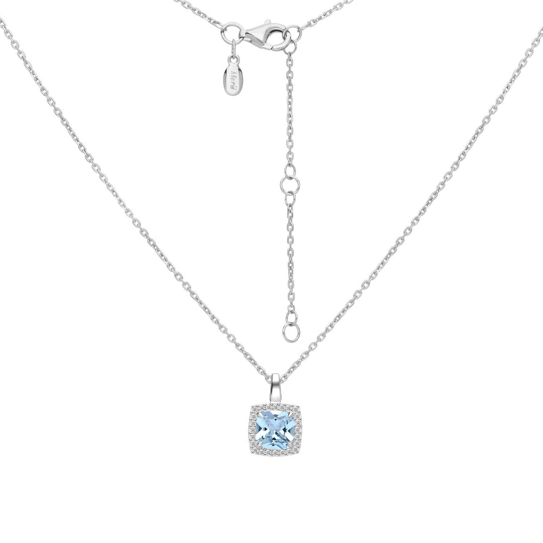 Decorum: Sterling Silver Rhodium Plated Synthetic Aquamarine Spinel Square Cut Halo Pendant Necklace