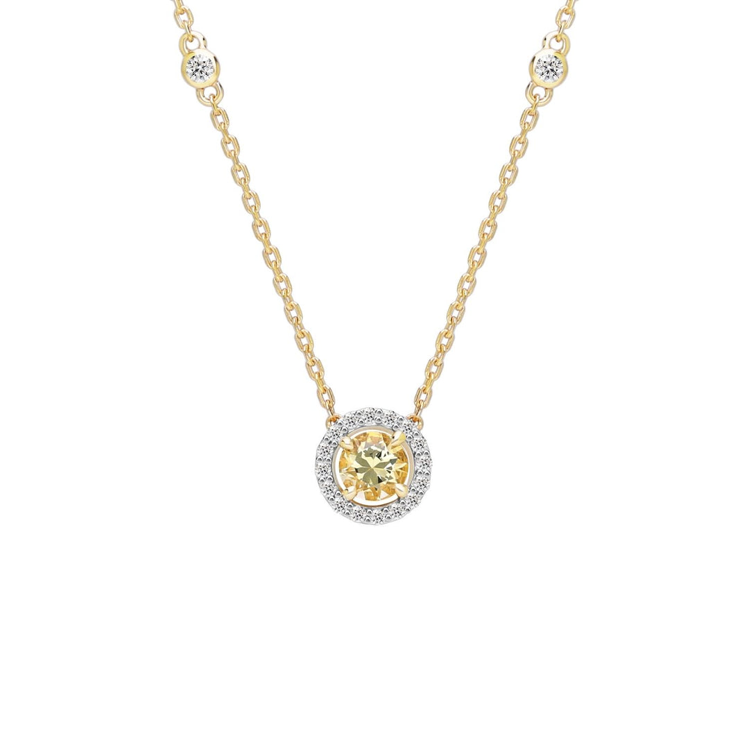Decorum: Sterling Silver 23K Gold Plated Citrine Nanocrystal Round Cut and CZ Pendant Necklace