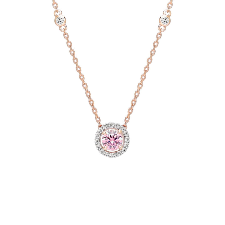 Decorum: Sterling Silver Rose Gold Plated Pink CZ Round Cut and CZ Pendant Necklace