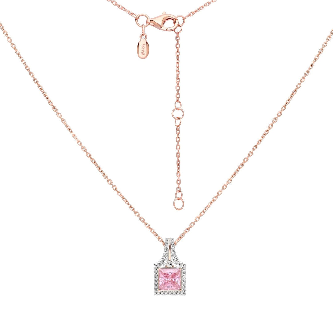 Decorum: Sterling Silver Rose Gold Plated Pink CZ Princess Cut Halo Pendant Necklace