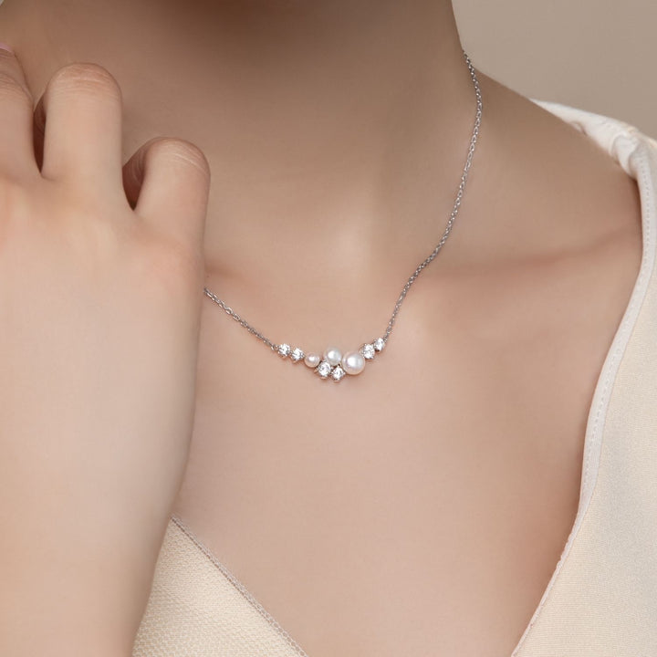 Classic Pearl: Silver Rhodium Triple Pearl & CZ Necklace