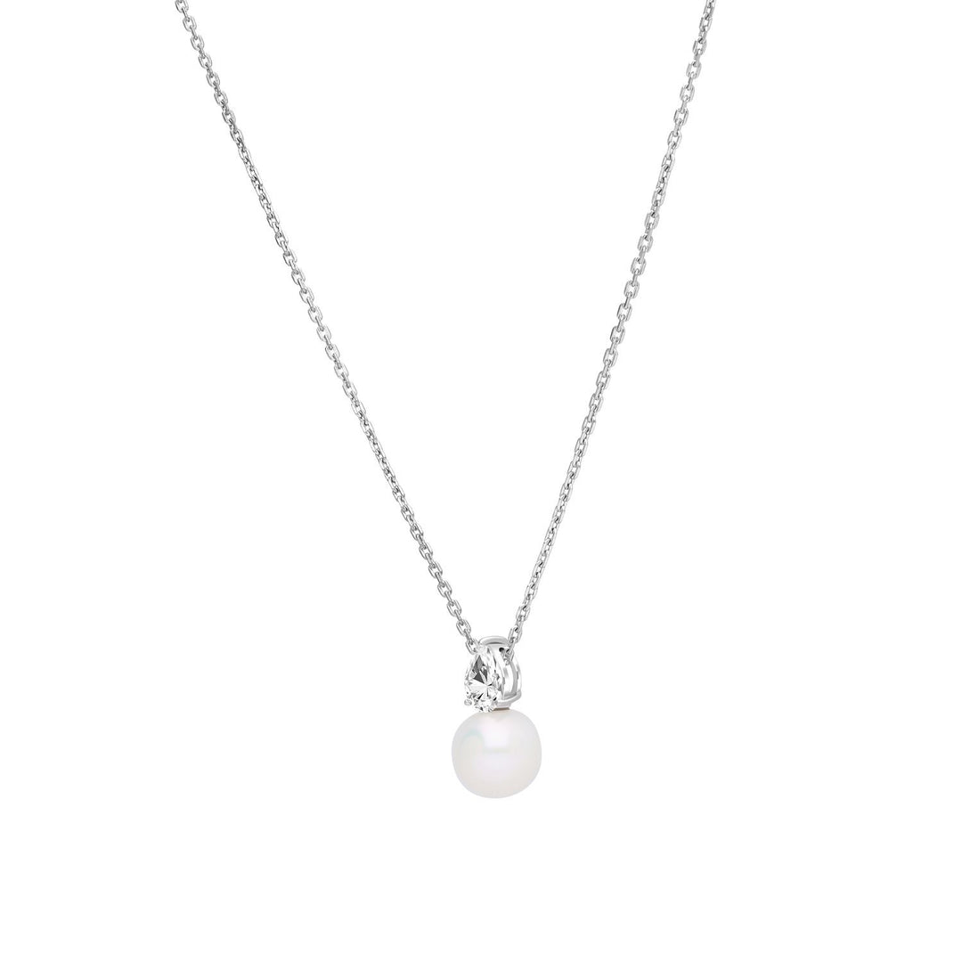 Classic Pearl: สร้อยคอเงินชุบโรเดียม ประดับไข่มุกน้ำจืดและ CZ ทรงหยดน้ำ