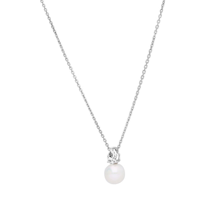 Classic Pearl: สร้อยคอเงินชุบโรเดียม ประดับไข่มุกน้ำจืดและ CZ ทรงหยดน้ำ