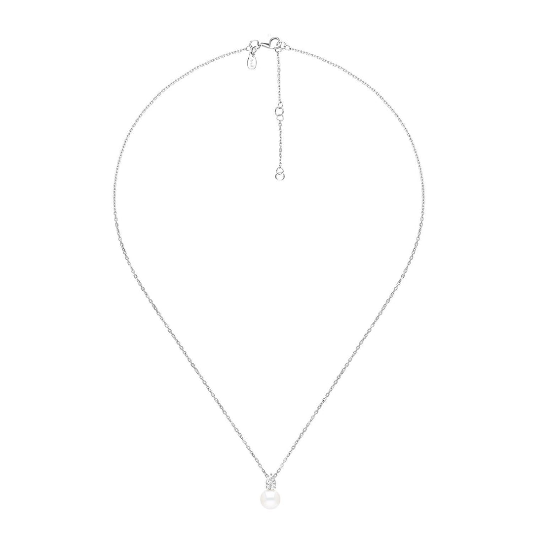 Classic Pearl: สร้อยคอเงินชุบโรเดียม ประดับไข่มุกน้ำจืดและ CZ ทรงหยดน้ำ