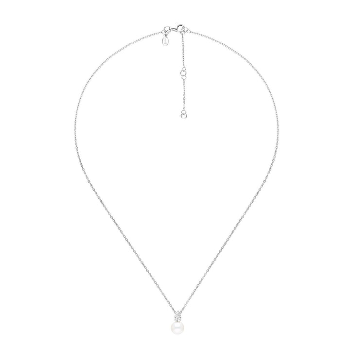 Classic Pearl: สร้อยคอเงินชุบโรเดียม ประดับไข่มุกน้ำจืดและ CZ ทรงหยดน้ำ