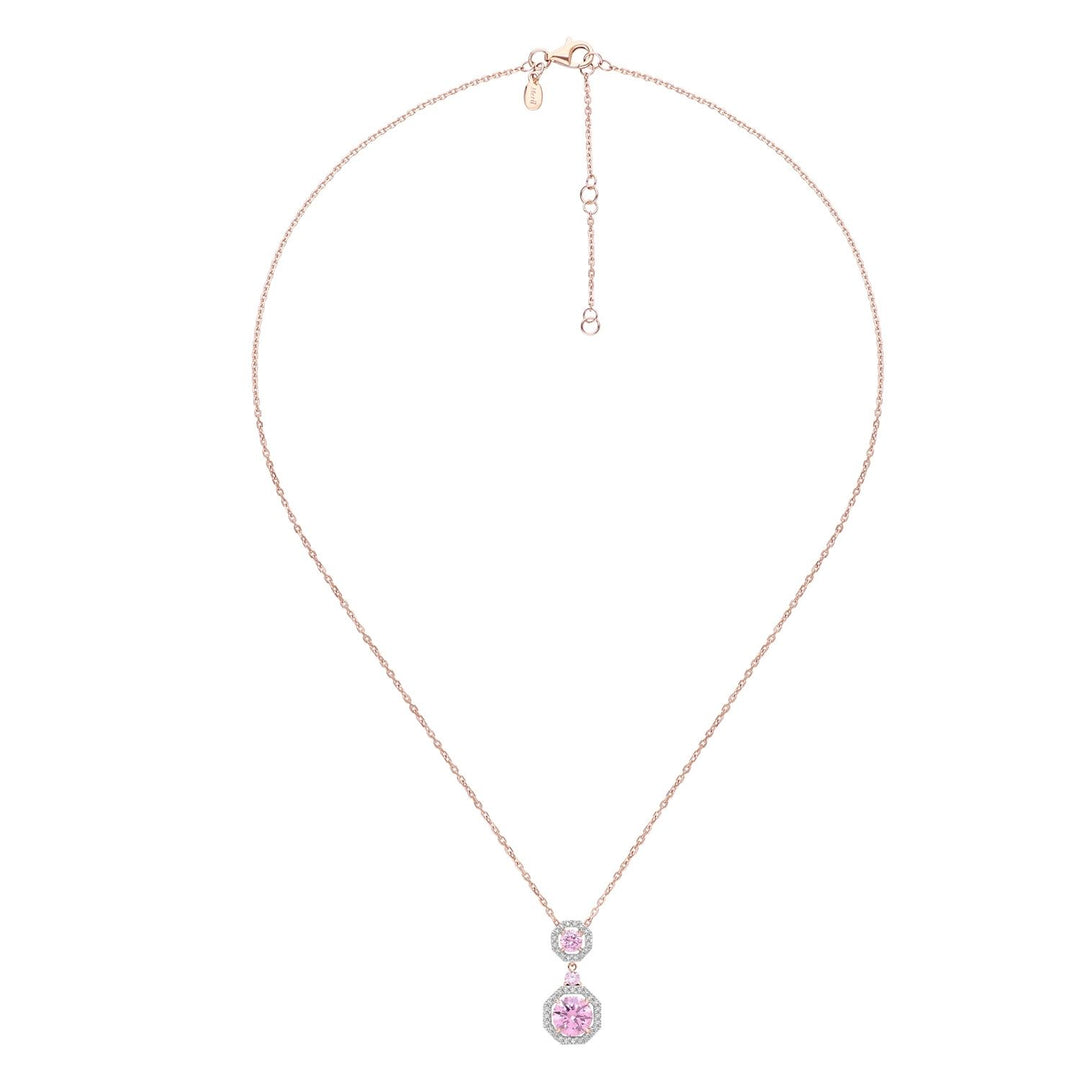 Decorum: Sterling Silver Rose Gold Plated Pink CZ Round Cut and CZ Pendant Necklace