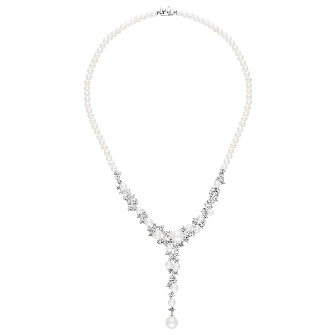 Classic Pearl: Sterling Silver Rhodium Plated Necklace with Princessl and Cluster CZ